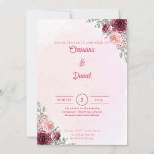 Invitations de mariage floral rose et bordeaux