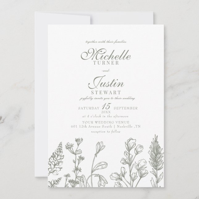 Invitations de mariage floral Sage Green (Devant)