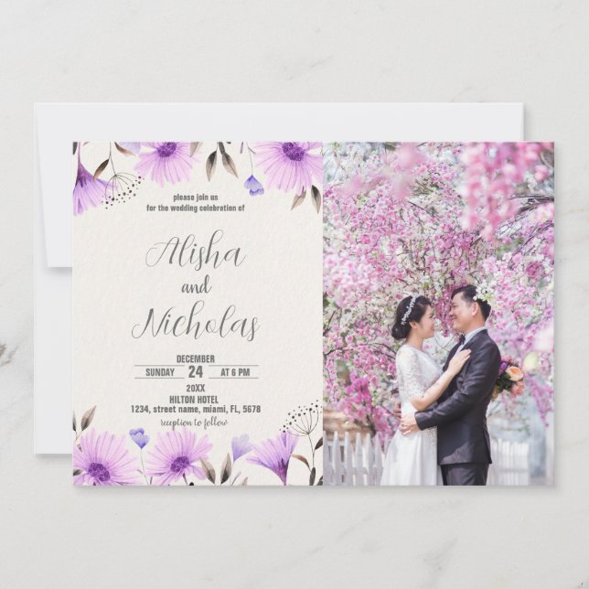 Invitations de mariage floral violet avec photo (Devant)