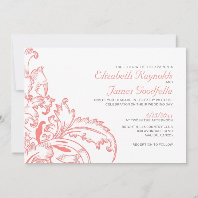 Invitations de mariage florissantes de corail (Devant)