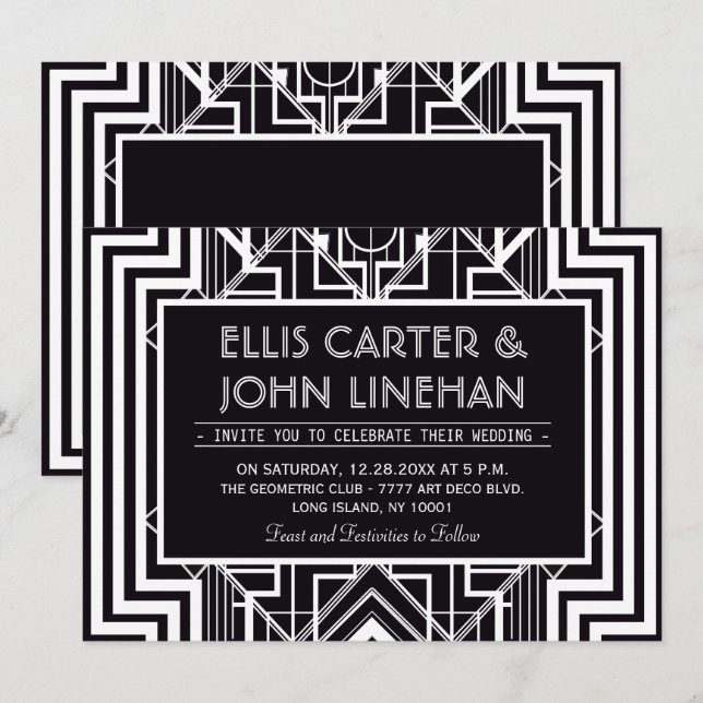 Invitations de mariage géométriques noires (Devant / Derrière)