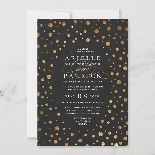 Invitations de mariage Gold et Black Confetti Foil (Devant)
