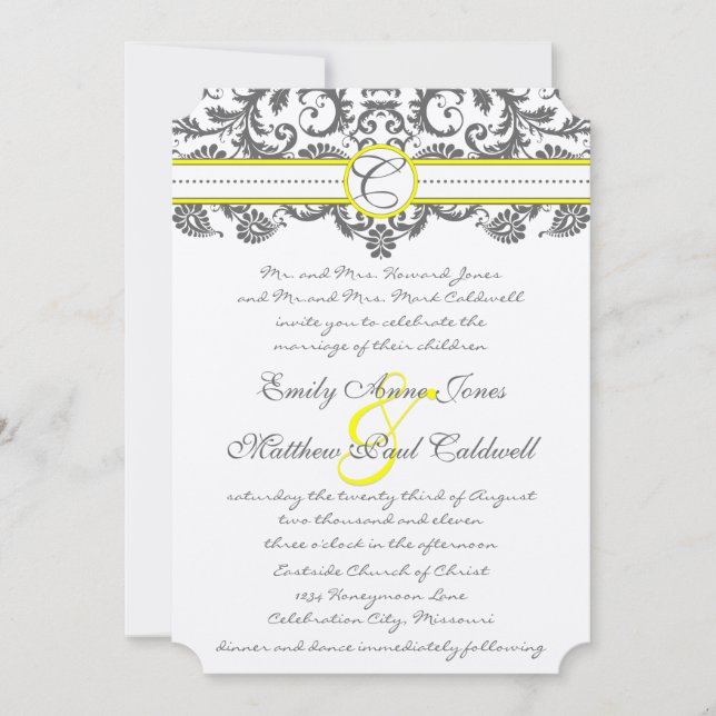 Invitations de mariage gris et jaune au charbon (Devant)
