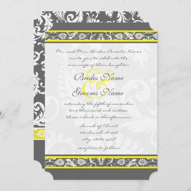 Invitations de mariage gris et jaune coupé (Devant / Derrière)
