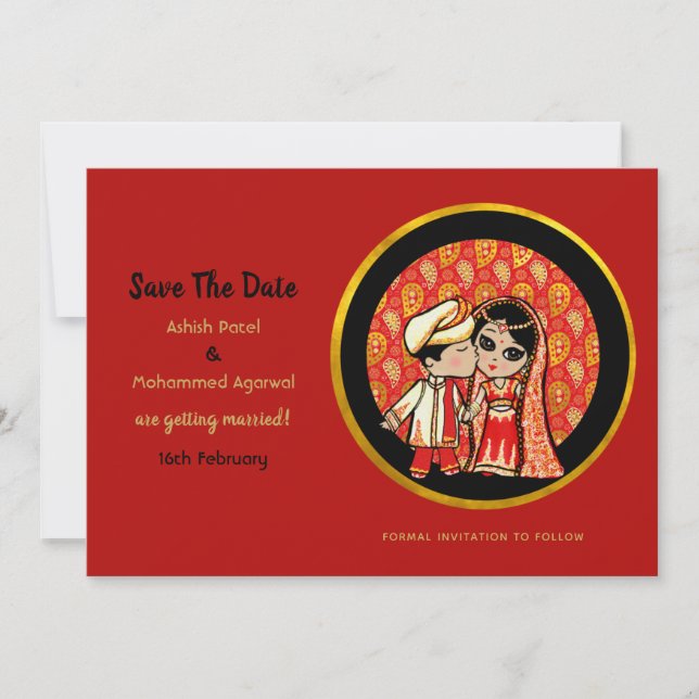 Invitations de mariage hindou Red Gold Cartoon Cou (Devant)