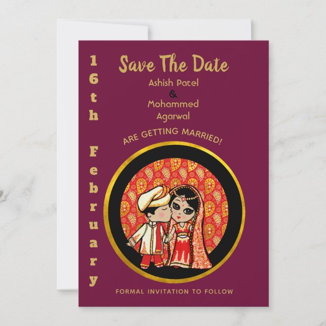 Invitations de mariage hindou Red Gold Cartoon Cou (Devant)