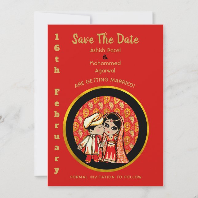 Invitations de mariage hindou Red Gold Cartoon Cou (Devant)