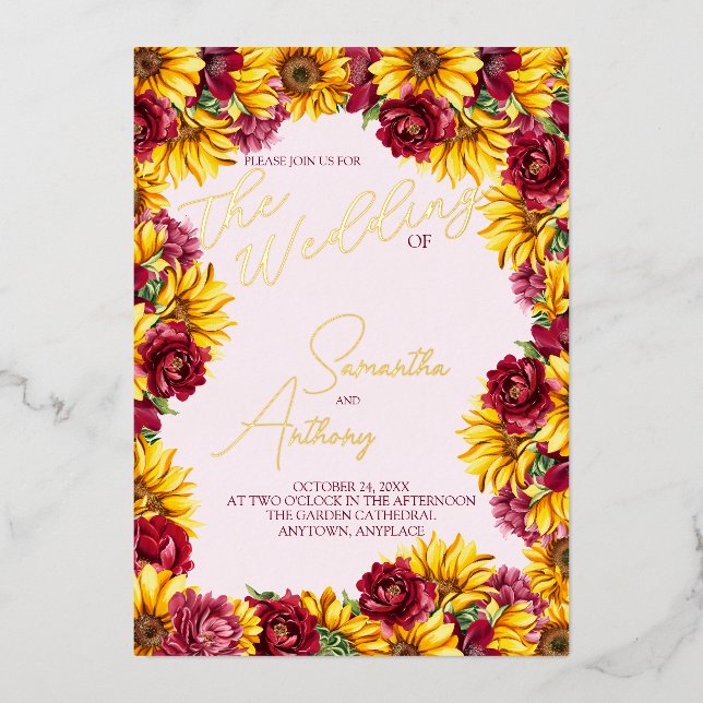 Invitations de mariage magenta et jaune d'or (Recto)