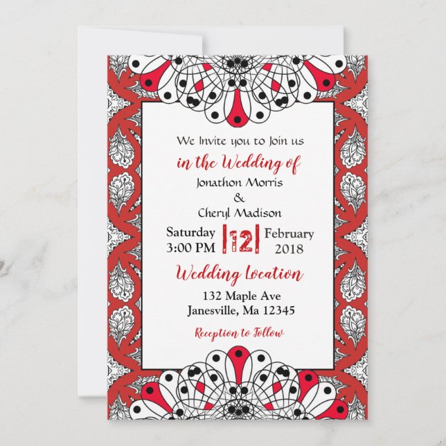 Invitations de mariage Mandala rouge, noir et blan (Devant)