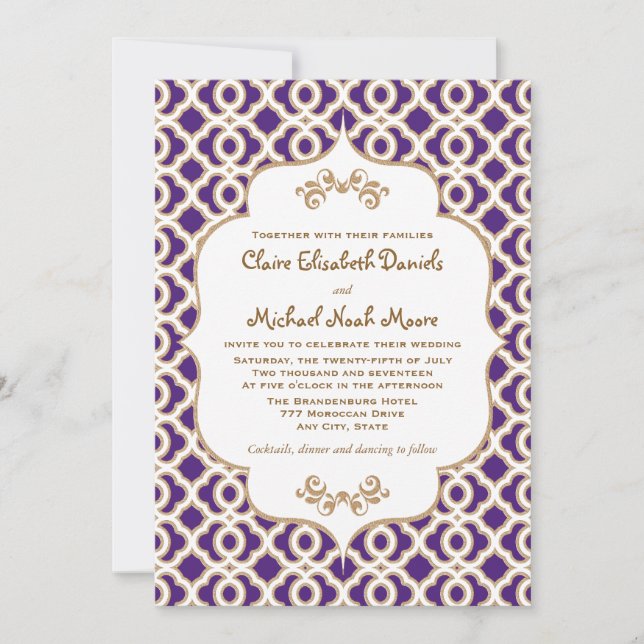 Invitations de mariage marocaines violettes et dor (Devant)
