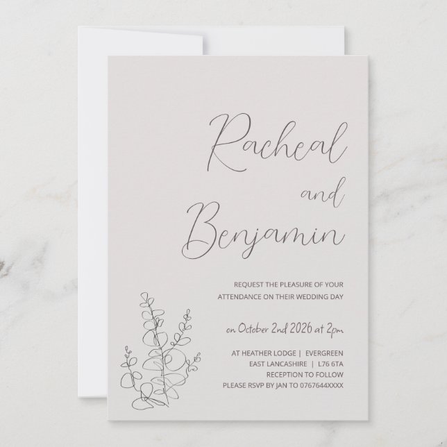 Invitations de mariage minimaliste beige botanique (Devant)