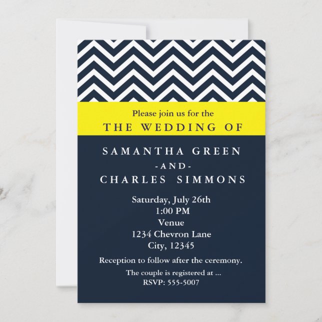 Invitations de mariage moderne Chevron bleu et jau (Devant)
