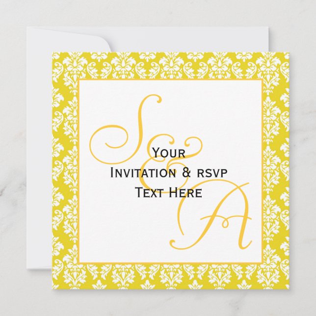 Invitations de mariage monogramme Damas jaunes (Devant)