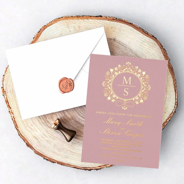 Invitations de mariage Monogramme doré (I wish you happiness!)