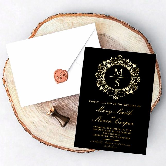 Invitations de mariage Monogramme doré (I wish you happiness!)