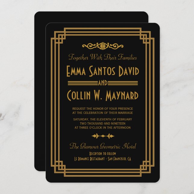Invitations de mariage noir Art déco simple (Devant / Derrière)
