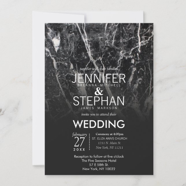 Invitations de mariage noir et Marbre blanc modern (Devant)
