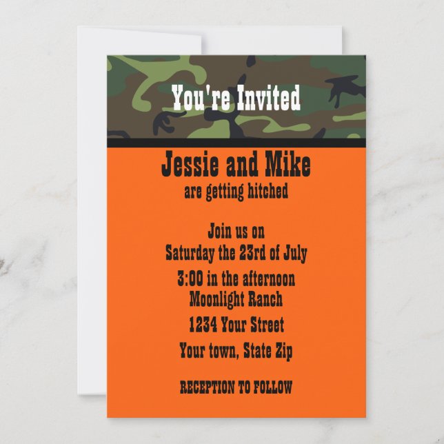 Invitations de mariage orange Camo et Hunter (Devant)