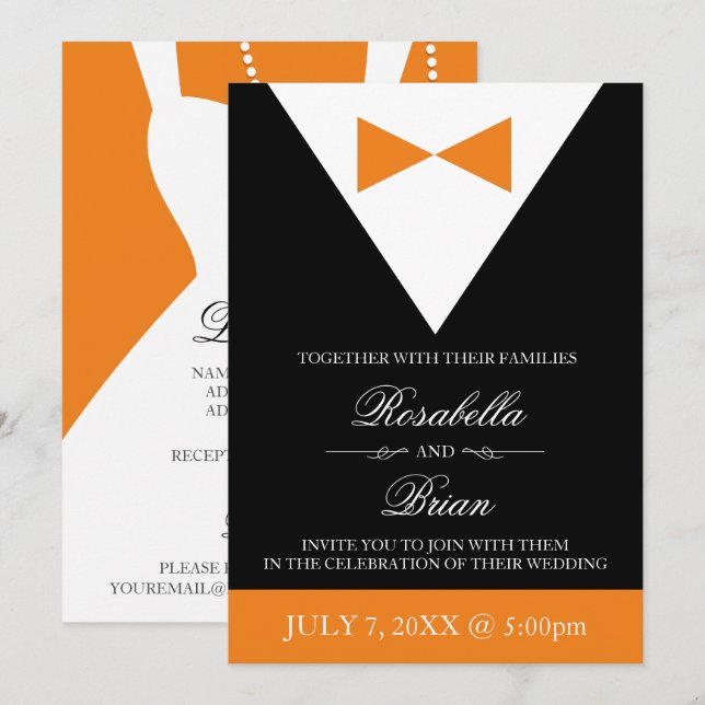 Invitations de mariage orange et noir| Fall Tuxedo (Devant / Derrière)