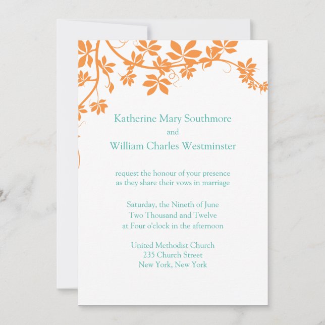 Invitations De Mariage Orange Et Turquoise (Devant)
