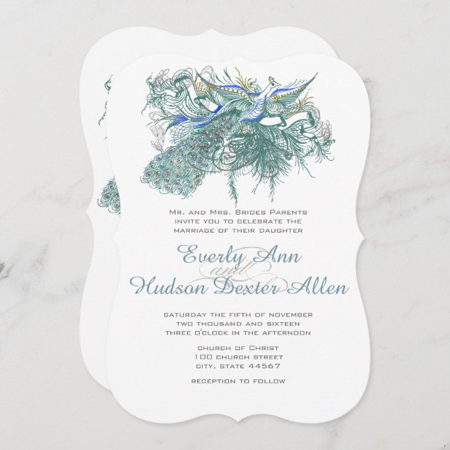 Invitations de mariage Peacock vintage (Devant / Derrière)