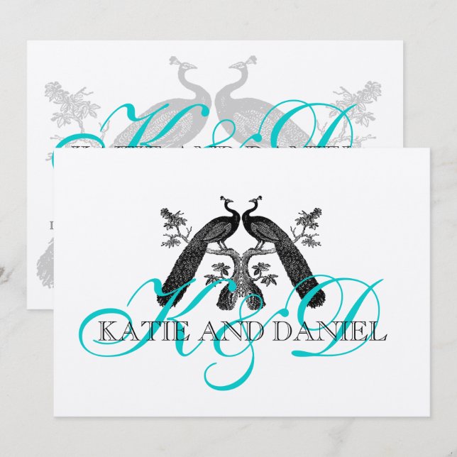 Invitations de mariage Peacocks Monogramme Argent (Devant / Derrière)
