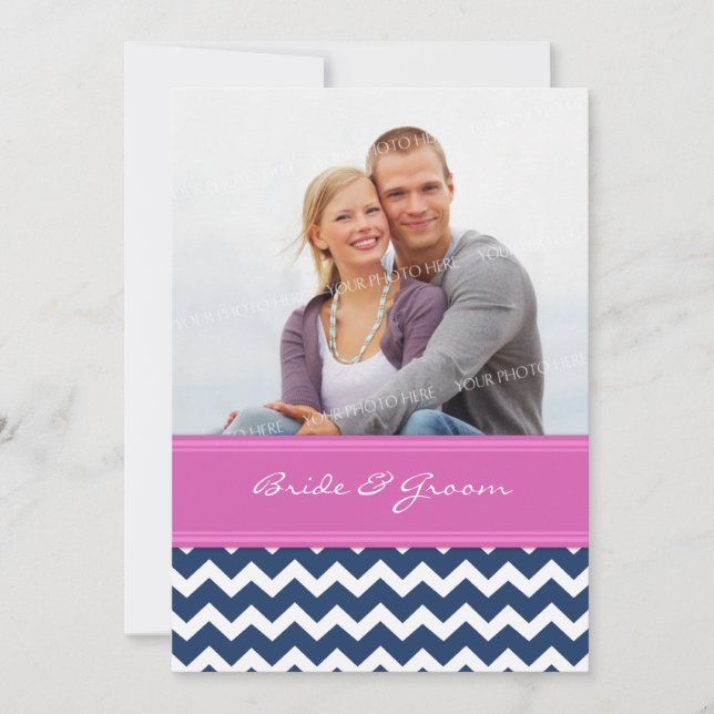 Invitations de mariage photo Chevron bleu rose cha (Devant)