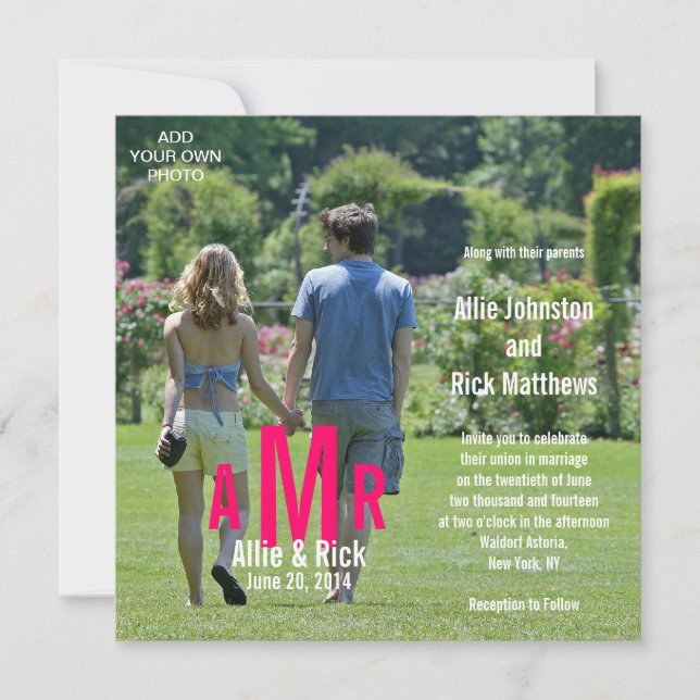 Invitations de mariage photo Trois Monogrammes ros (Devant)