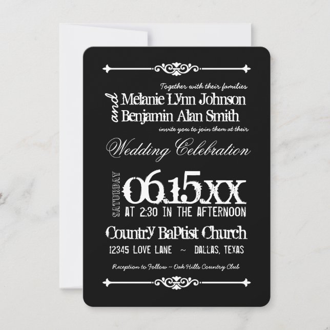 Invitations de mariage pour la typographie noire e (Devant)