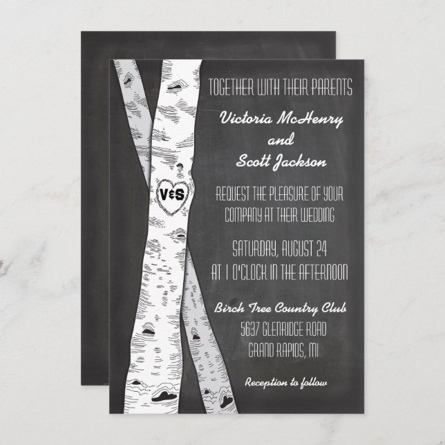 Invitations de mariage pour oiseaux en tableau noi (Devant / Derrière)