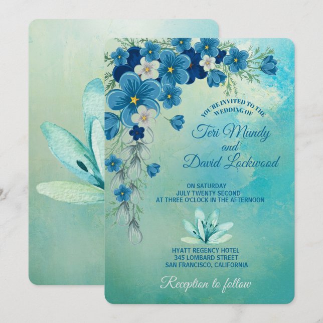Invitations de mariage romantique bleu/vert floral (Devant / Derrière)