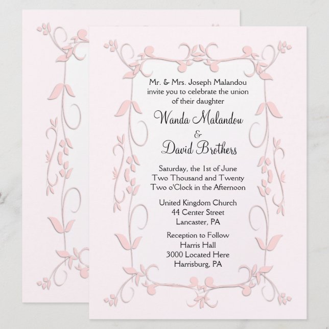 Invitations de mariage rose délicates (Devant / Derrière)