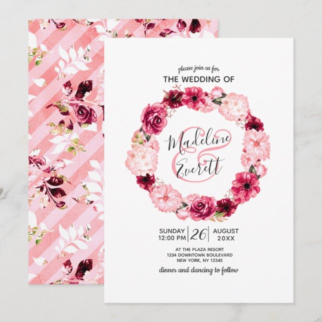 Invitations de mariage rose et bordeaux à couronne (Devant / Derrière)