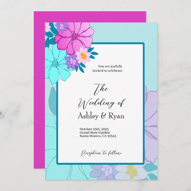 Invitations de mariage rose et Turquoise (Devant / Derrière)