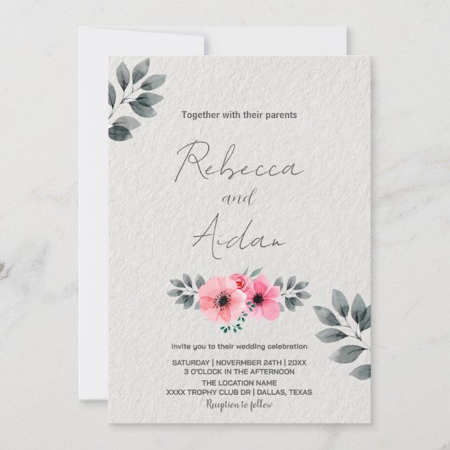 Invitations de mariage rose floral (Devant)
