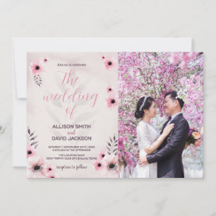 Invitations de mariage rose floral avec photo