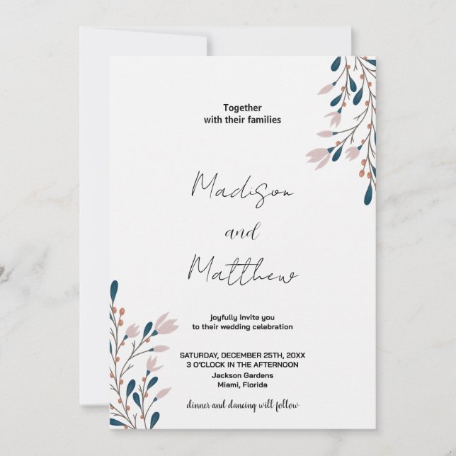 Invitations de mariage rose floral vert (Devant)