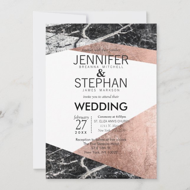 Invitations de mariage Rose moderne or et marbre (Devant)