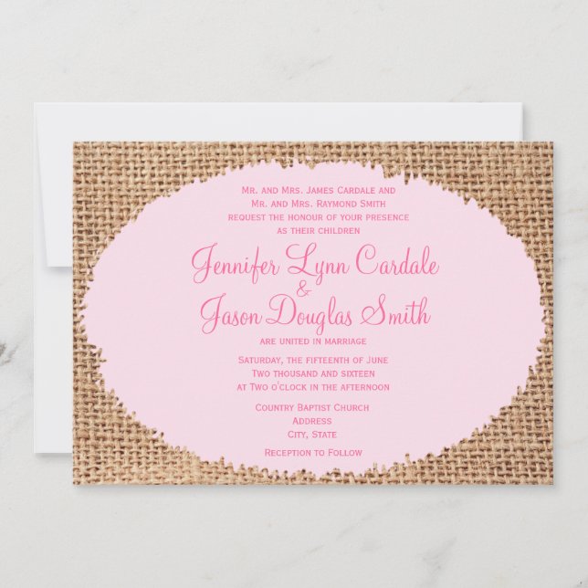 Invitations de mariage roses à Burlap en Russie (Devant)
