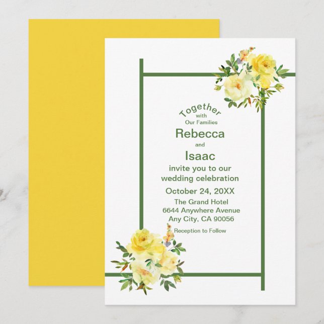Invitations de mariage - Roses Jaunes (Devant / Derrière)