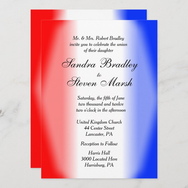Invitations de mariage rouge blanc et bleu (Devant / Derrière)