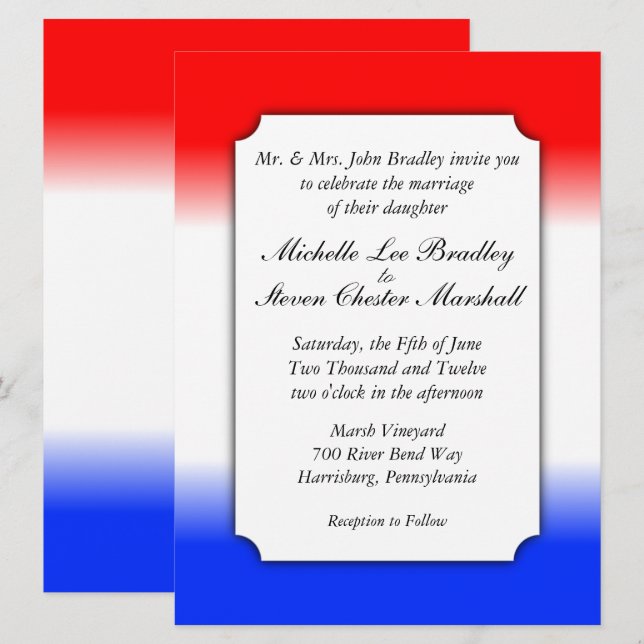 Invitations de mariage rouge blanc et bleu en band (Devant / Derrière)