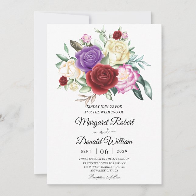invitations de mariage rouge et violet (Devant)