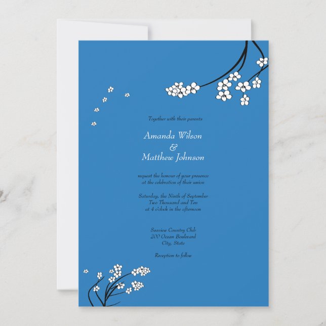 Invitations de mariage Royal Blue Cherry Blossom (Devant)
