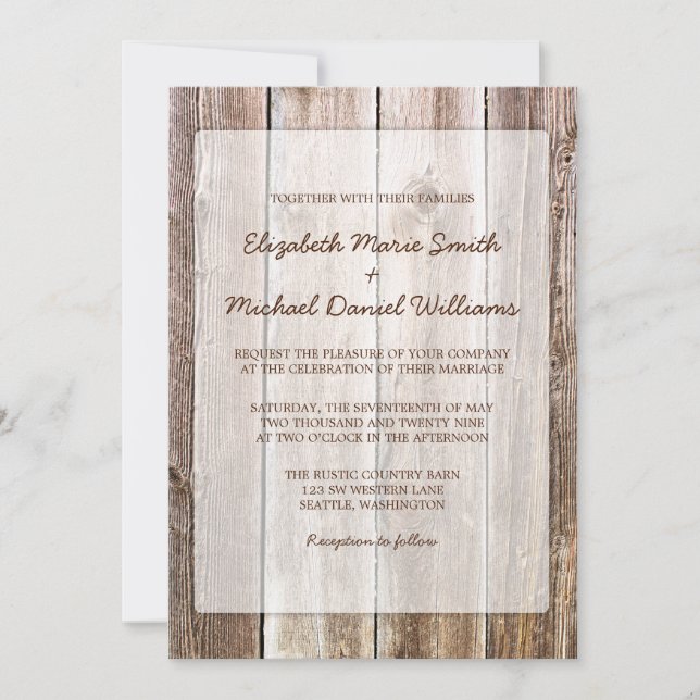 Invitations de mariage rustique en bois de grange (Devant)