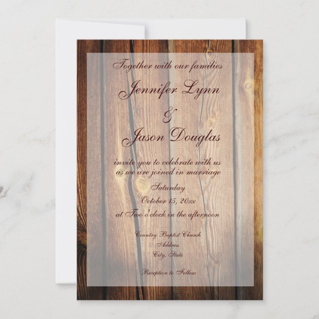 Invitations de mariage rustique en bois d'étable (Devant)