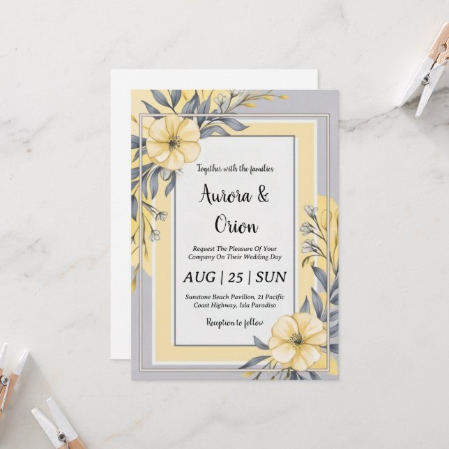 invitations de mariage simple jaune et gris (Devant/Arrière en situation)