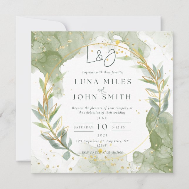 Invitations de mariage sur mesure vert et or (Devant)