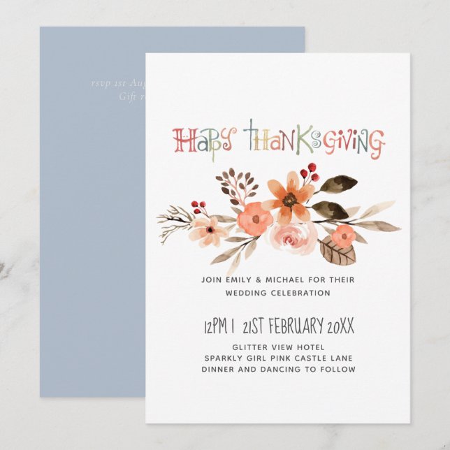 Invitations de mariage Thanksgiving Dusty Blue Ora (Devant / Derrière)