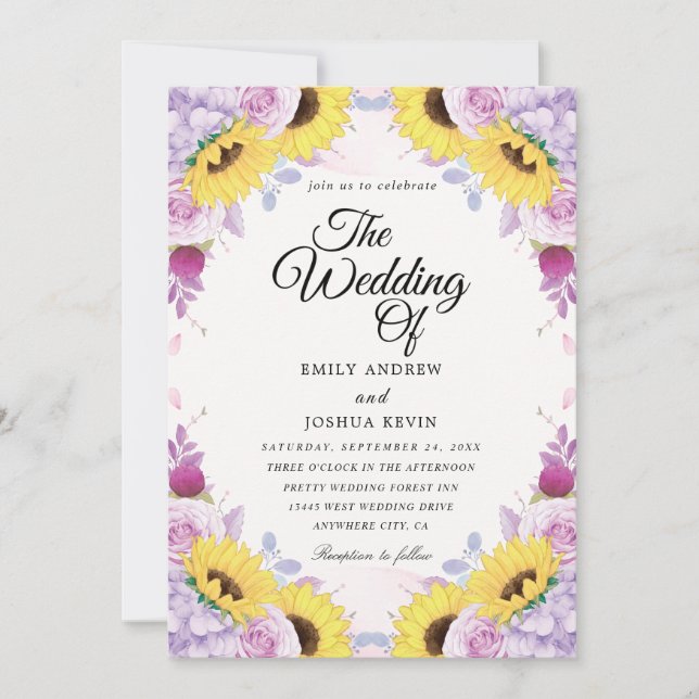 Invitations de mariage tournesol et violet (Devant)